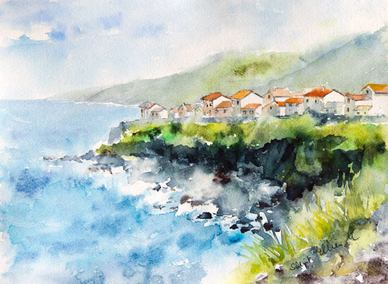 Aquarelle de bord de mer aux Açores - 28 x 38 cm