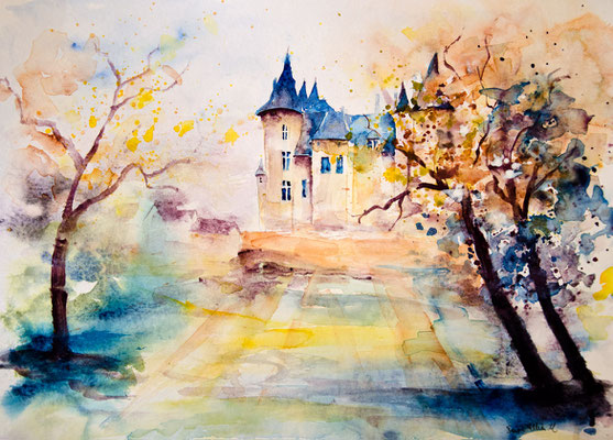 watercolor of Saumur castle in the Loire valley