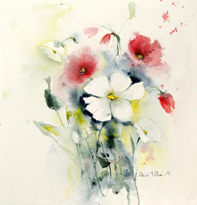 Aquarelle de fleurs blanches et rouges par Martine SAINT ELLIER