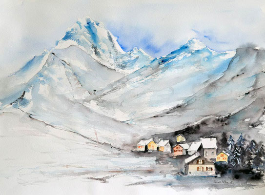 village dans la montagne en hiver - peinture aquarelle