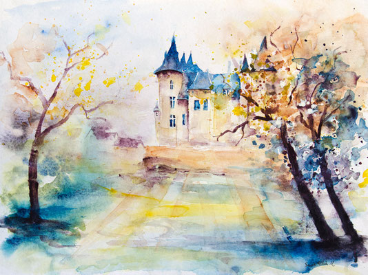 Aquarelle du château de Saumur par l'artiste Martine Jacquel Saint Ellier