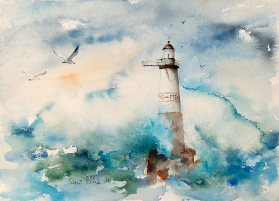 Aquarelle de phare avec des mouettes - 28 x 38 cm