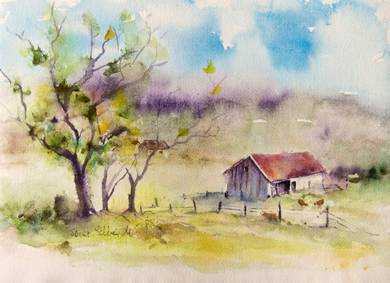 Aquarelle d'une ferme en Haute-Saône