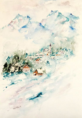 Chalets dans la montagne - aquarelle de Martine Saint Ellier, aquarelliste à Saumur