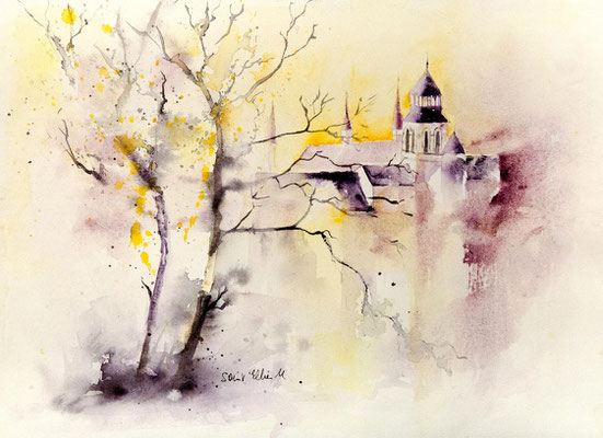 Peinture aquarelle de l'Abbaye de Fontevrault