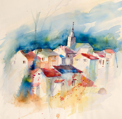 Aquarelle de maisons et d'une église - 38 x 38 cm