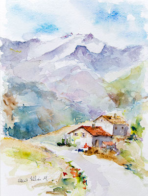 Aquarelle de petits chalets de montagne