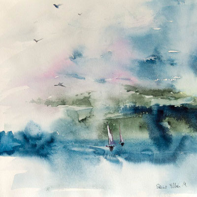 Aquarelle de voiliers au vent, peinture de bateaux