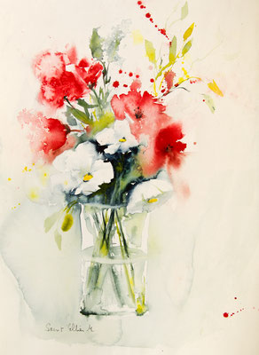 Bouquet de fleurs rouges et blanches à l'aquarelle - 35 x 45 cm