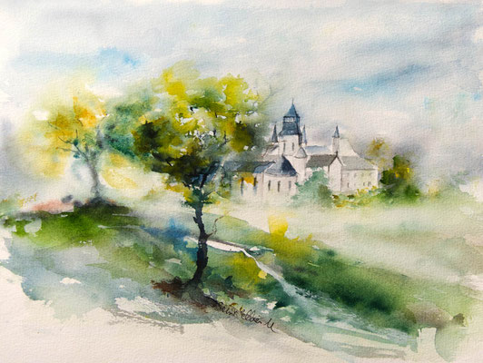 Aquarelle abbaye royale de Fontevraud par l'artiste Martine SAINT ELLIER - 28 x 38 cm