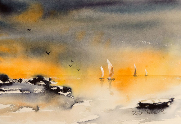 Aquarelle de coucher de soleil  sur la mer avec un voilier