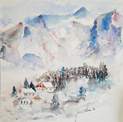 Aquarelle de petits chalets et de sapins dans la montagne