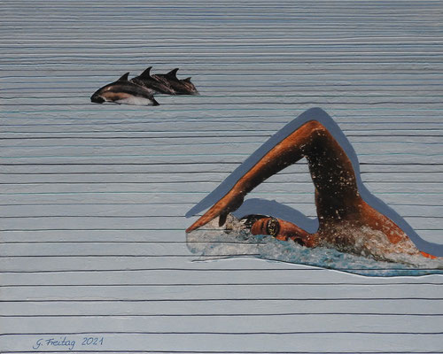 "Schwimmen - Wettkampf" Collage (Acryl-Transfer-Frottage) aus Fotos, Nähgarn sowie Acrylfarben auf Holz 40 x 50 2021