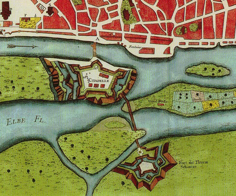 Ausschnitt aus der Karte "Magdebourg - Capitale du Duché de meme Nom" von Ingenieur Le Rouge, Paris, 1757 Bild entnommen aus 1200 Jahre Magdeburg, Band 2, Seite 137, Helmut Asmus, Magdeburg 2002