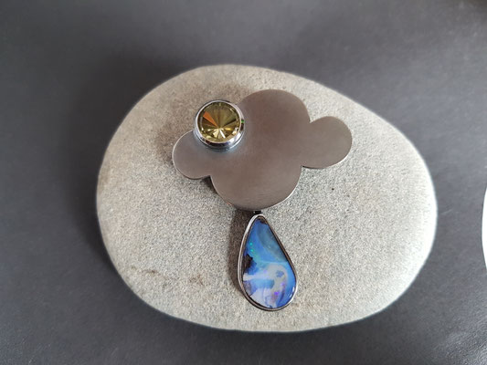 Brosche aus geschwärztem Silber mit Lemoncitrin und Opal 
