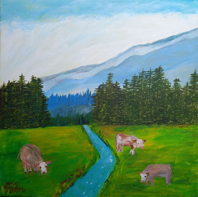 Kühe auf einer Almwiese,2023, Acryl auf Leinwand, 40 x 40 cm
