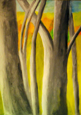 Baumstämme im Sonnenschein, 2014, Acryl auf Leinwand, 50 x 70 cm
