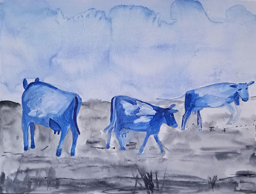 Blaue Kühe, 2020, Aquarell auf Papier, 29,5 X 40 cm