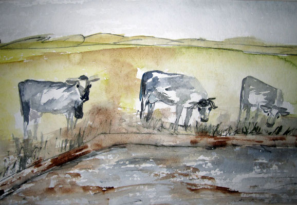 Kühe am Wasser, 2019, Aquarell mit Stiften auf Papier, 48 x 30 cm