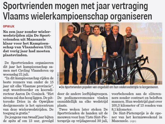 Sportvrienden mogen met jaar vertraging Vlaams wielerkampioenschap organiseren - Het Nieuwsblad Pajottenland 7/7/2021 (Erik Gyselinck)