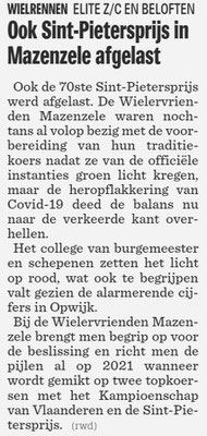 Ook Sint-Pietersprijs in Mazenzele afgelast - Het Nieuwsblad Pajottenland 23/7/2020 (Wim Redant)