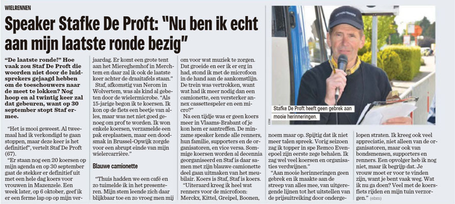 Afscheid speaker Staf De Proft - Het Nieuwsblad Pajottenland 9/6/2018 (Eric Biesemans)