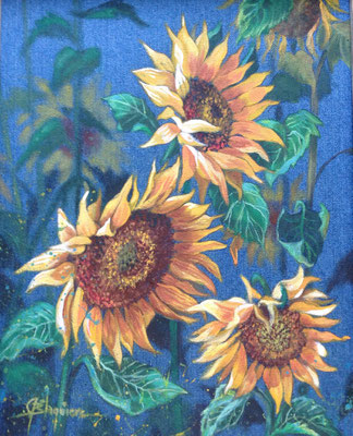 TOURNESOLS, acrylique sur toile de denin 16 x 20 (40cm x 51cm) 2016