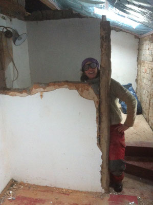 Miriam beim Abriss der Wand über der Treppe - dort ist jetzt alles offen und unser Geländer steht statt dessen da. (26.01.2015)