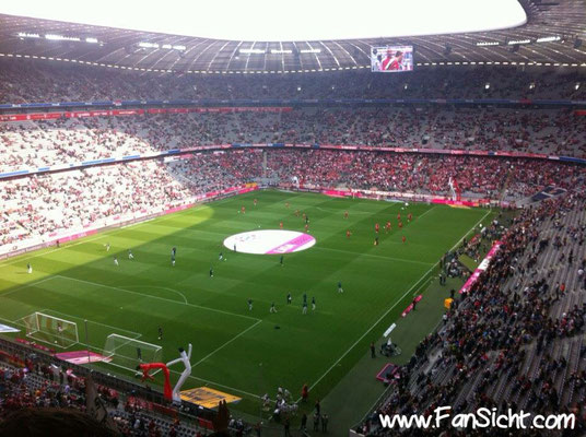 Sicht auf das Spielfeld aus Gästeblock Block 344 in der Allianz Arena des FC Bayern München