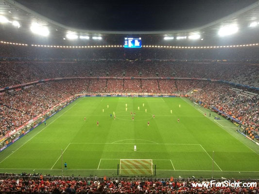 Sicht auf das Spielfeld aus Gästeblock Block 242 in der Allianz Arena des FC Bayern München