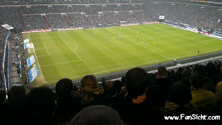 Sicht auf das Spielfeld in der Veltins Arena Gelsenkirchen Schalke 04 aus Block 61 Gäste Sitze