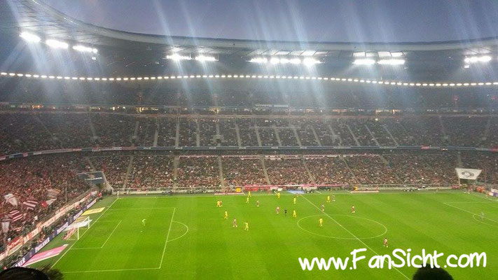 Sicht auf das Spielfeld aus Block 229 Reihe 25 in der Allianz Arena des FC Bayern München