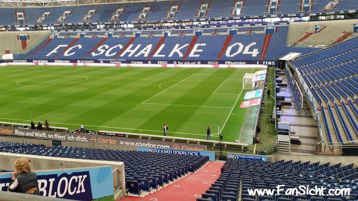 Sicht auf das Spielfeld in der Veltins Arena Gelsenkirchen Schalke 04 aus Block A Familienblock