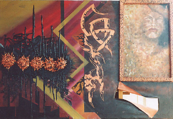 Doriana Guadalaxara Cinque girasoli neri, 2006 Olio, polimaterico e balza pirografata su tela 100x70