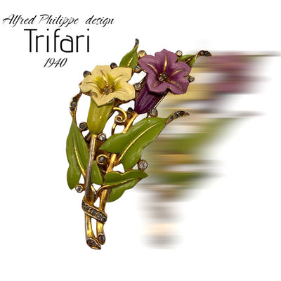 VTG TRIFARI 1939 Enamel Rhinestone Floral bouquet Fur Clip - Lovely book piece by Alfred Philippe designer - Art.767/5