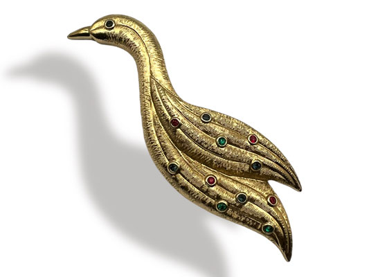 Very original figural design brooch marked - stylized duck or swan in gold tone accentuated by colored rhinestones - Art.812/6