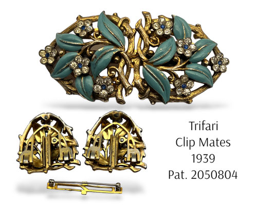1939 crown Trifari Very Rare Clip Mates/brooch exquisite Gold plated floral design accented w/sparkly clear,blue stones and enamel-Art.10/7