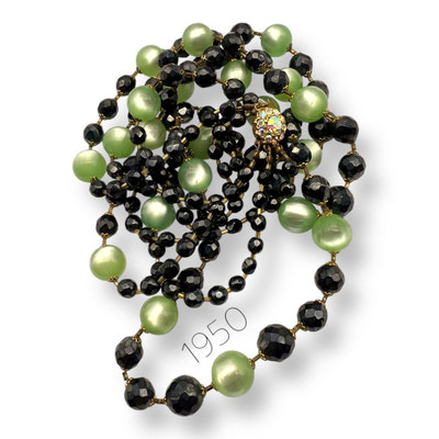 Classy Europe 3 strands glass green Moonglow beads & glossy black faceted beads Necklace - lovely rhinestones clasp - art.454/7