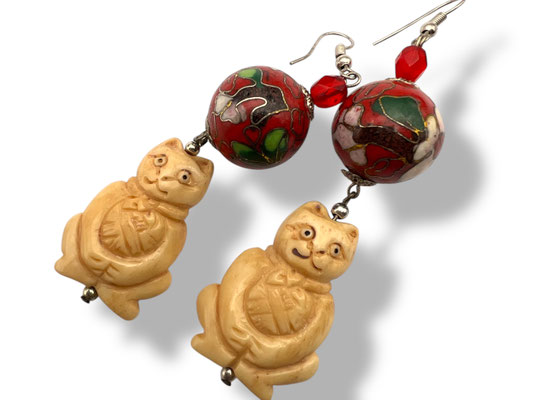 Long and dangling figural Cat earrings, beautiful Cloisonne style beads and cherry red sparkles -- Art.784/2