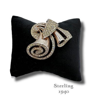 1940s Sterling original ribbon/bow design in rose Gold Plated Brooch with clear crystals accentuates the design  - Art.571/7