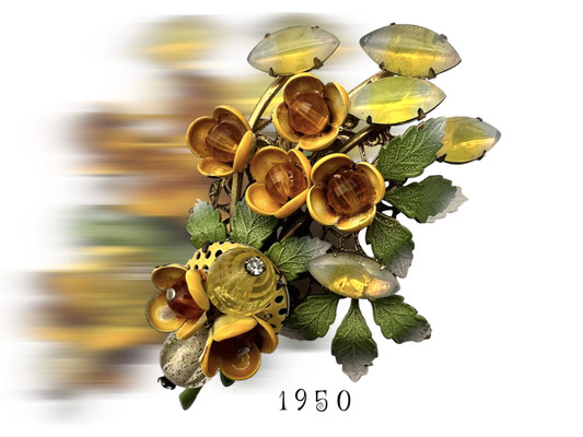 50s floral corsage bouquet brooch, vibrant  palette of colors and poured glass stones, clear rhinestones, enamel and glass beads-- art.418/7