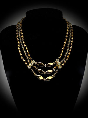 Three strands glass beads Bronze/Brown/Maroon color necklace - 1950s festoon style with sparkling clear rhinestones - Art.363/6