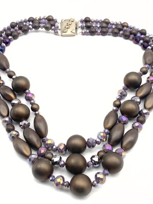 3 strands cascade necklace from 1950s chic European Lady - plum/gray & faceted crystal beads elegant rhinestones florets clasp -Art.554/4