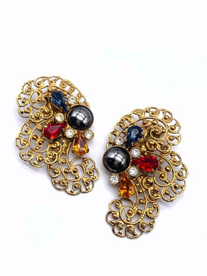 Large gold filigree and pear shaped crystal earrings 1960 Italian - stunning climber line of great charm -- Art.695/3