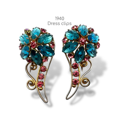 Pair of Floral dress Clip with graceful beauty and crispy sparks, blue sapphire and hot pink crystal stones on goldtone setting-art.539/7