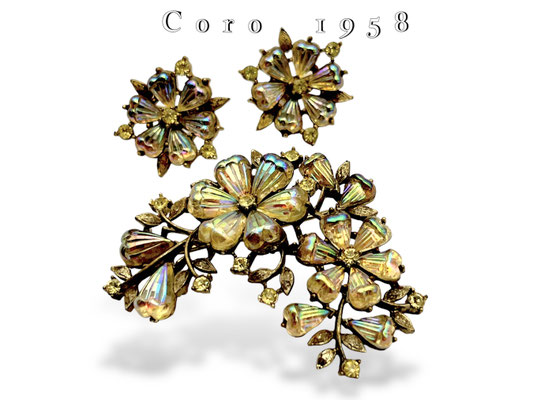 Coro stunning Molded Glass Flowers AB Jonquil Demi-set - Floreal brooch & earrings set--Art.295/7
