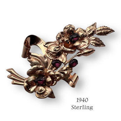 Early 1940 Sterling Vermeil intense Purple Rhinestone bouquet Flower with Shiny luster  Rose Gold Wash- Art.422/7