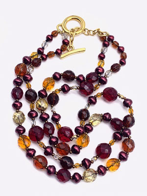 Two strands glass beads autumn colors necklace - 1960s mix shape with burgundy, amber and gold colors - Art.948/4