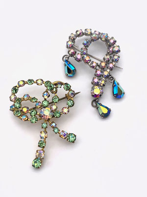Aurora Borealis Rhinestone Brooches, Gold & Silver bow/ribbon design set by Austrian stones -2 enjoyable treasures for collection-art.254/5
