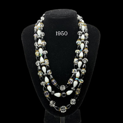 Stunning 1950s Vintage Waterfall Necklace, 3-strand, Black/White (Milky White) and AB Crystals - Art.719/7 -